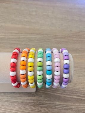 Rainbow Kandi Beaded Bracelet Set – 7 Piece Stretch Stack Y2K Rave Pastel
